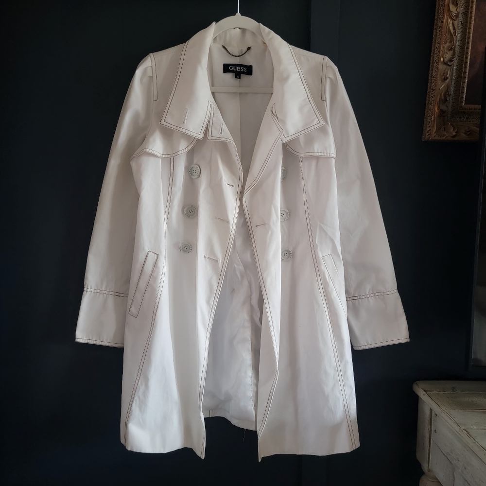 EUC Guess Double Breasted Light Trench‎ Coat Jacket Off-White Ivory Medium